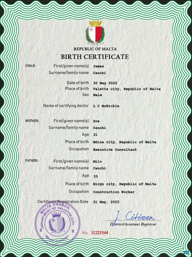 Download Malta vital record birth certificate PSD template Photoshop template